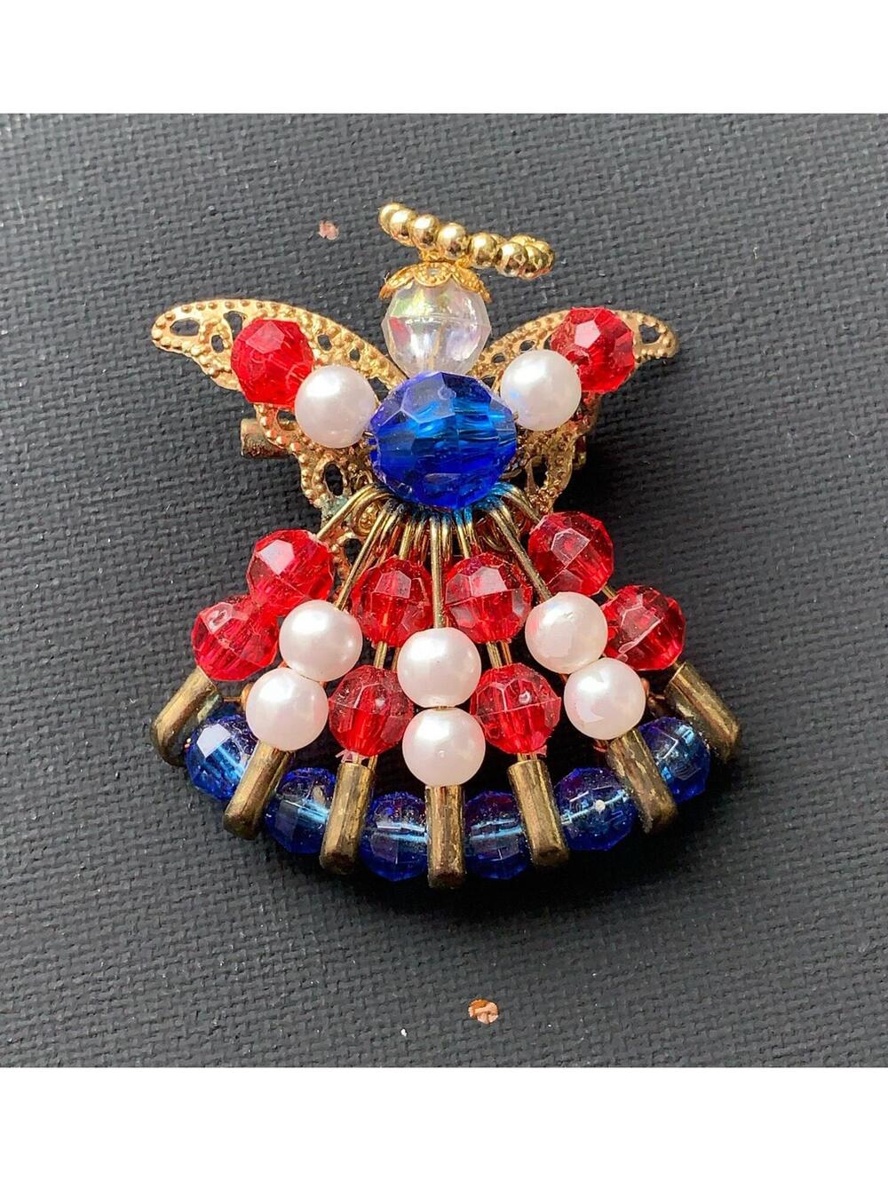 Vintage Red White Blue Angel Brooch Patriotic Beaded Gold Tone Pin 2” Filigree